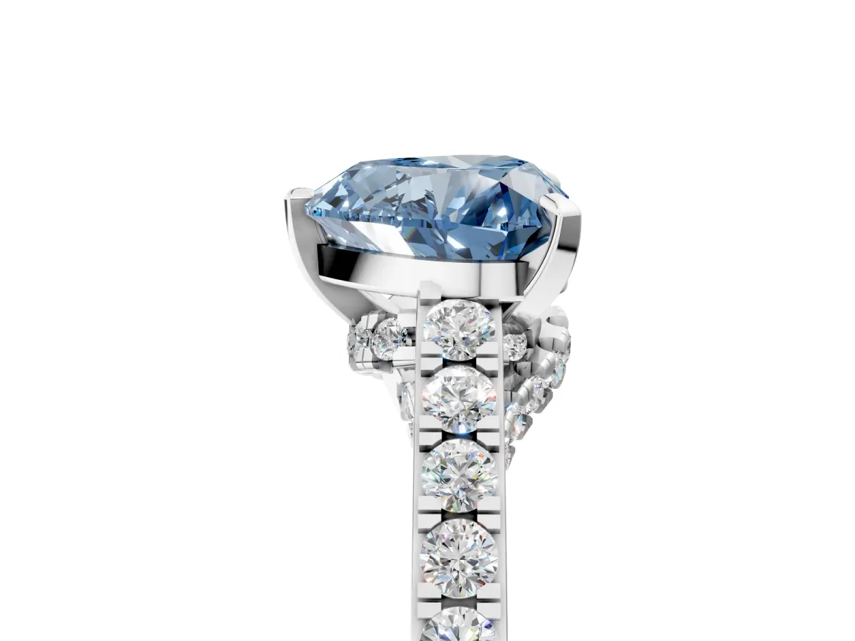 Fancy Blue Heart Cut Diamond Solitaire Ring with Crossover Gallery and Round Pavé Band Silver