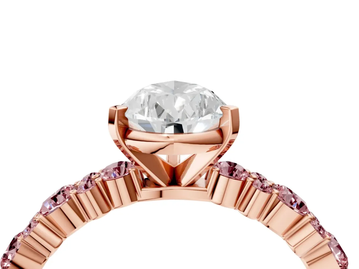 Pear Cut Diamond Side Stone Solitaire Ring with Round Morganite and Four-Prong Setting Rose gold