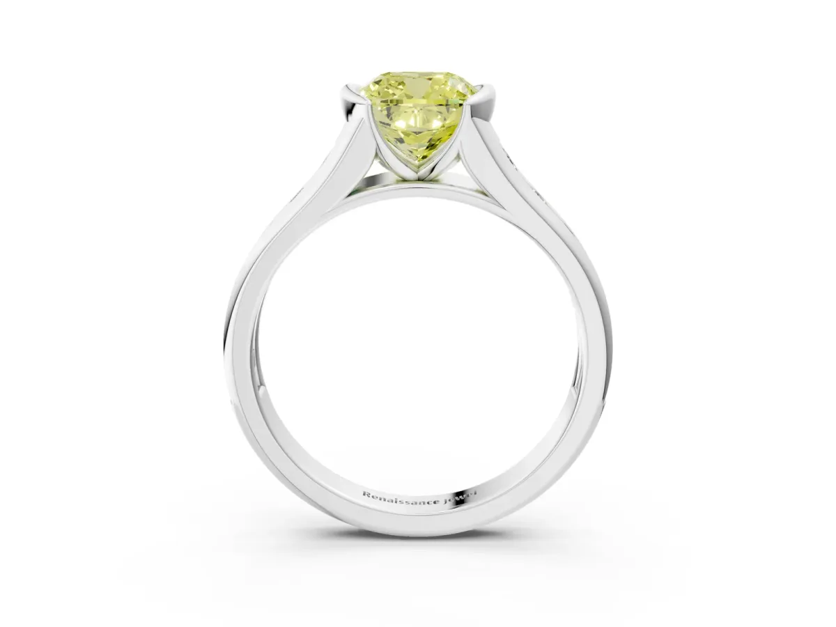 Fancy Yellow Cushion Cut Solitaire Bezel-Set Diamond Ring with Channel-Set Band Platinum