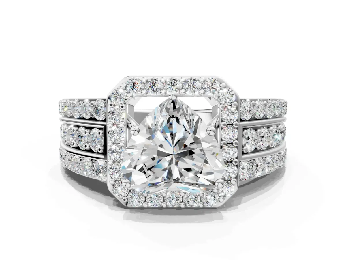 Heart Cut Halo Diamond Ring with Round Moissanite Split Shank and Prong Setting Silver