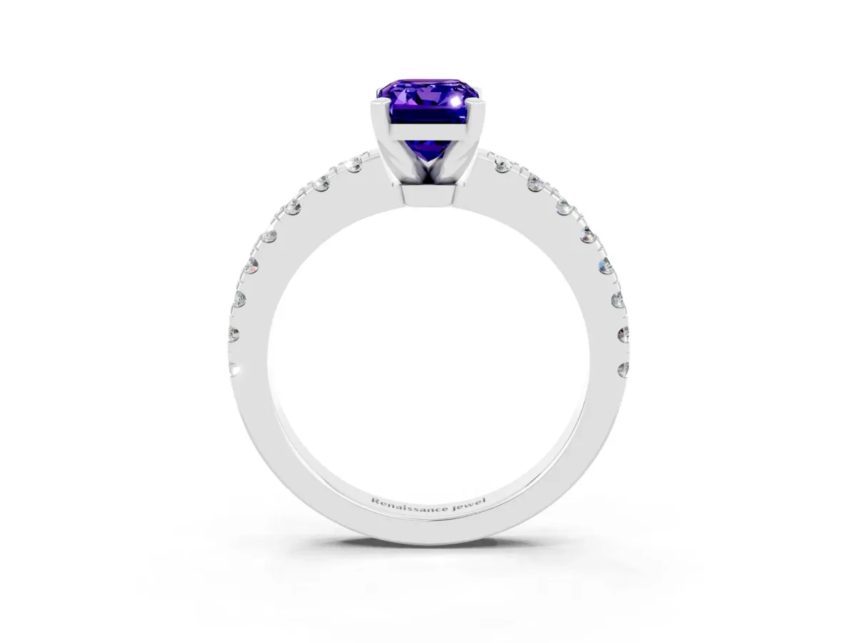 Emerald Cut Solitaire Tanzanite with Pavé Band and Four-Prong Setting Silver