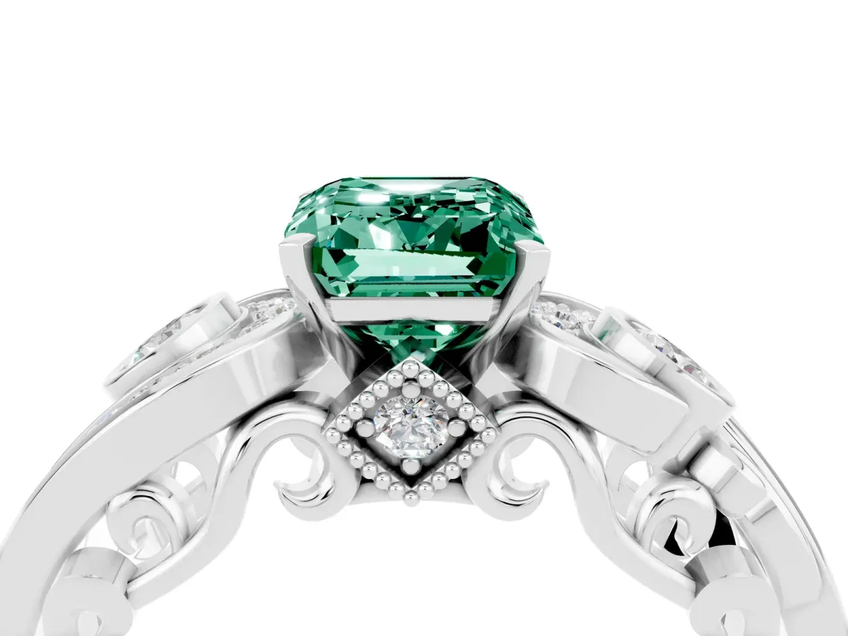 Emerald Cut Green Sapphire Solitaire Ring with Milgrain Pavé Band and Four-Prong Setting Silver