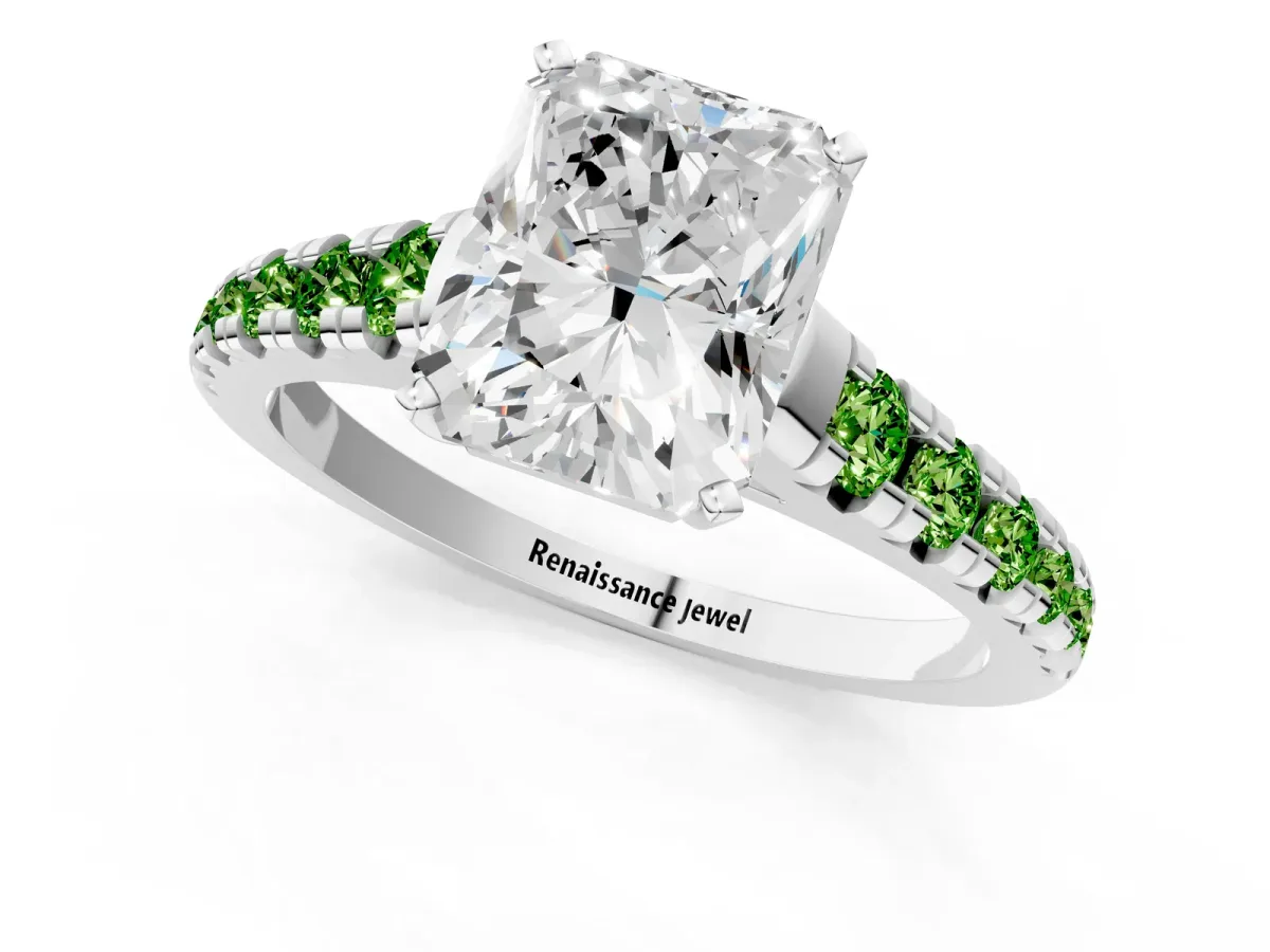 Radiant Cut Diamond Cathedral Solitaire Ring with Round Peridot Pavé Band Silver