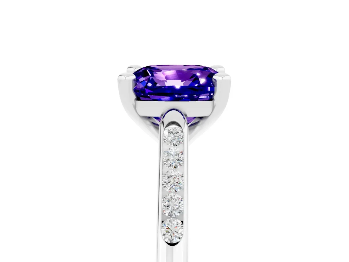 Cushion Cut Tanzanite Solitaire Ring with Channel Set Round Band and Prong Setting Silver