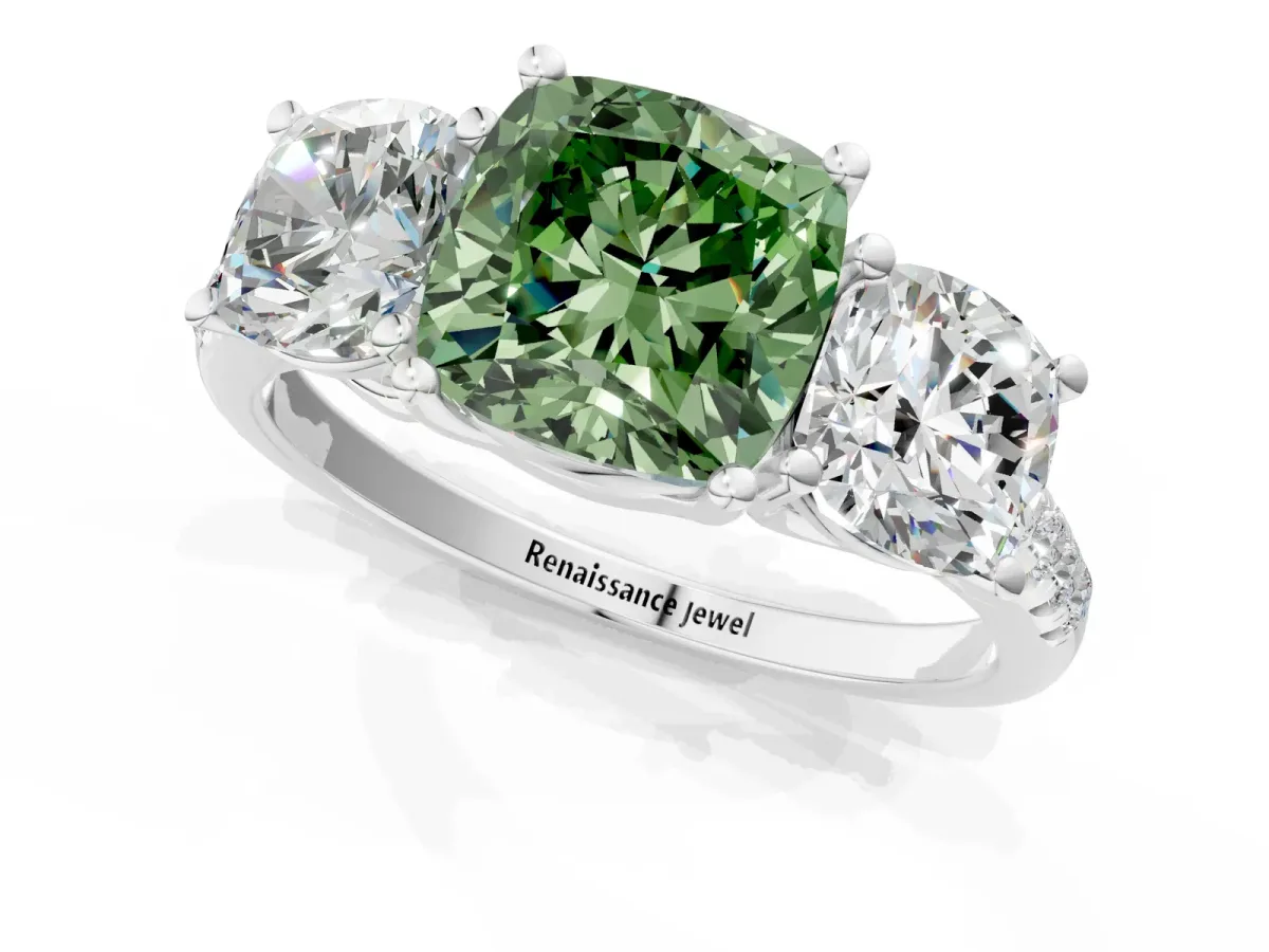 Fancy Green Three-Stone Cushion Cut Diamond Ring with Round Pavé Band and Prong Setting Silver