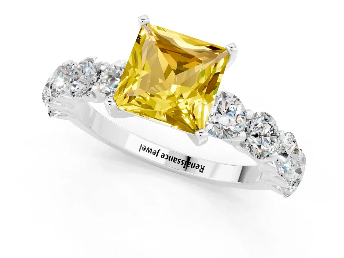 Princess Cut Yellow Sapphire Prong Setting with Side Stones on a Pave Band Silver