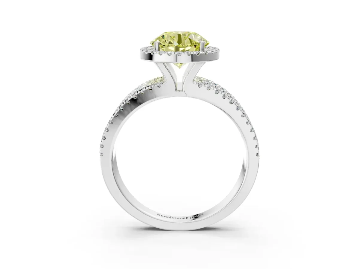 Fancy Yellow Round Cut Diamond Halo Engagement Ring with Split Shank and Four-Prong Setting Platinum