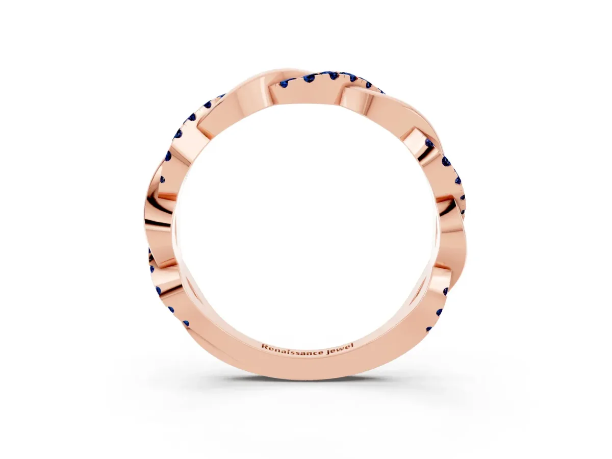 Pavé Round Blue Sapphire Twist Eternity Band with Shared Prong Setting Rose gold
