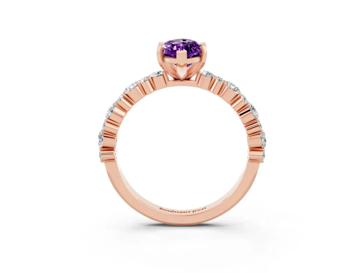 Marquise Cut Amethyst Side Stone Solitaire Ring with Round and Four-Prong Setting Rose gold