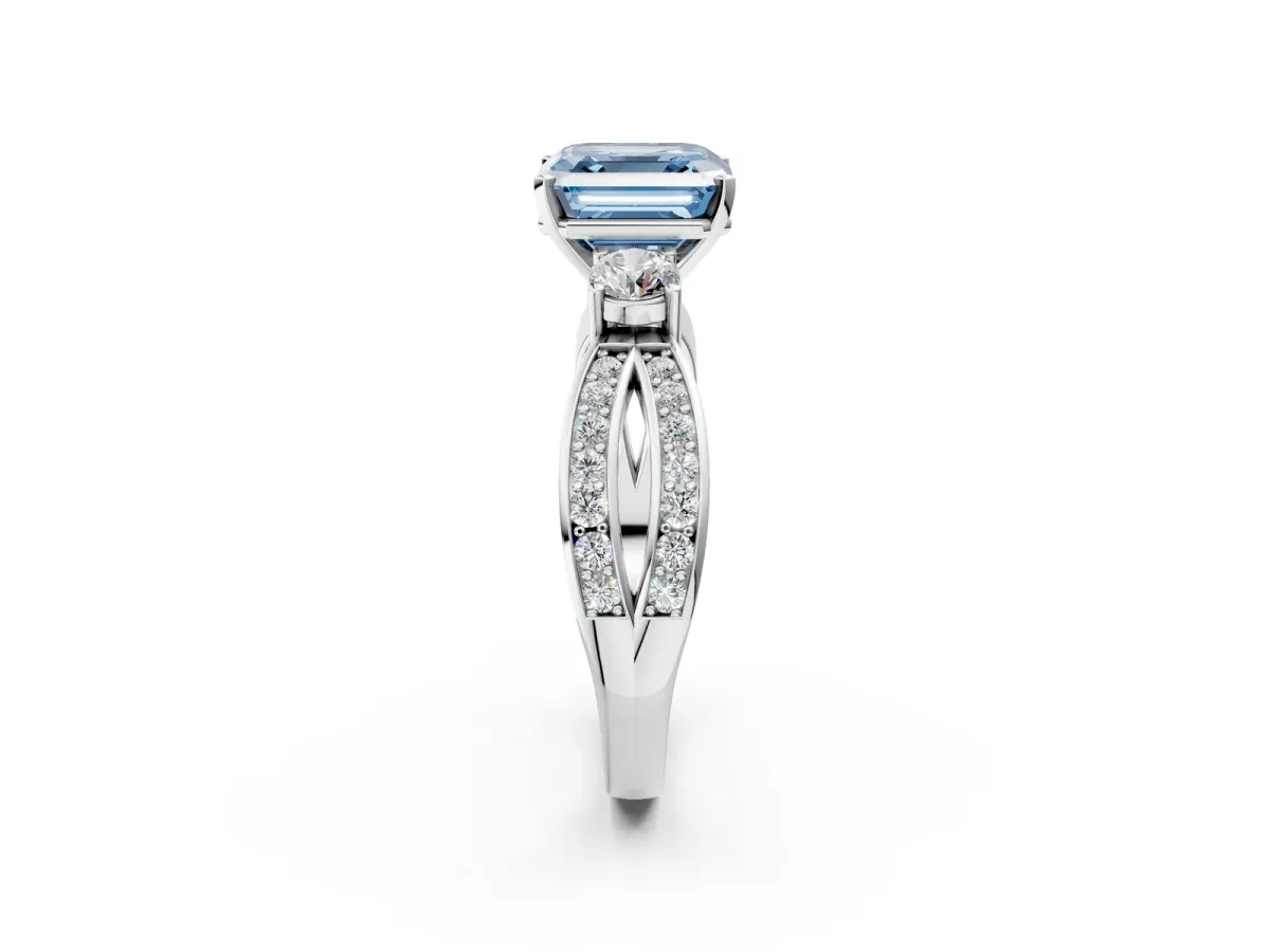 Fancy Blue Three-Stone Asscher Cut Cut Diamond Twist Band with Prong Setting Platinum