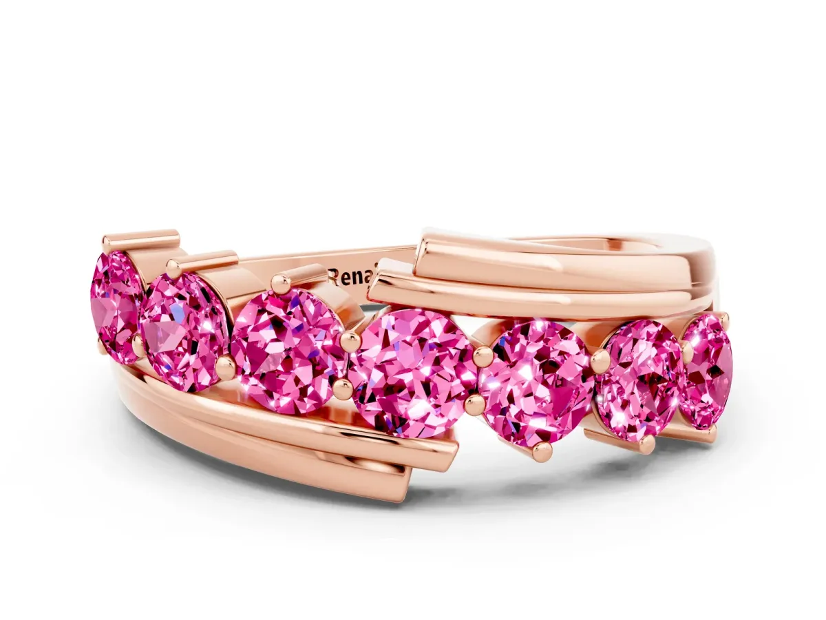 Round Pink Sapphire Wave Band with Channel and Shared Prong Setting Rose gold