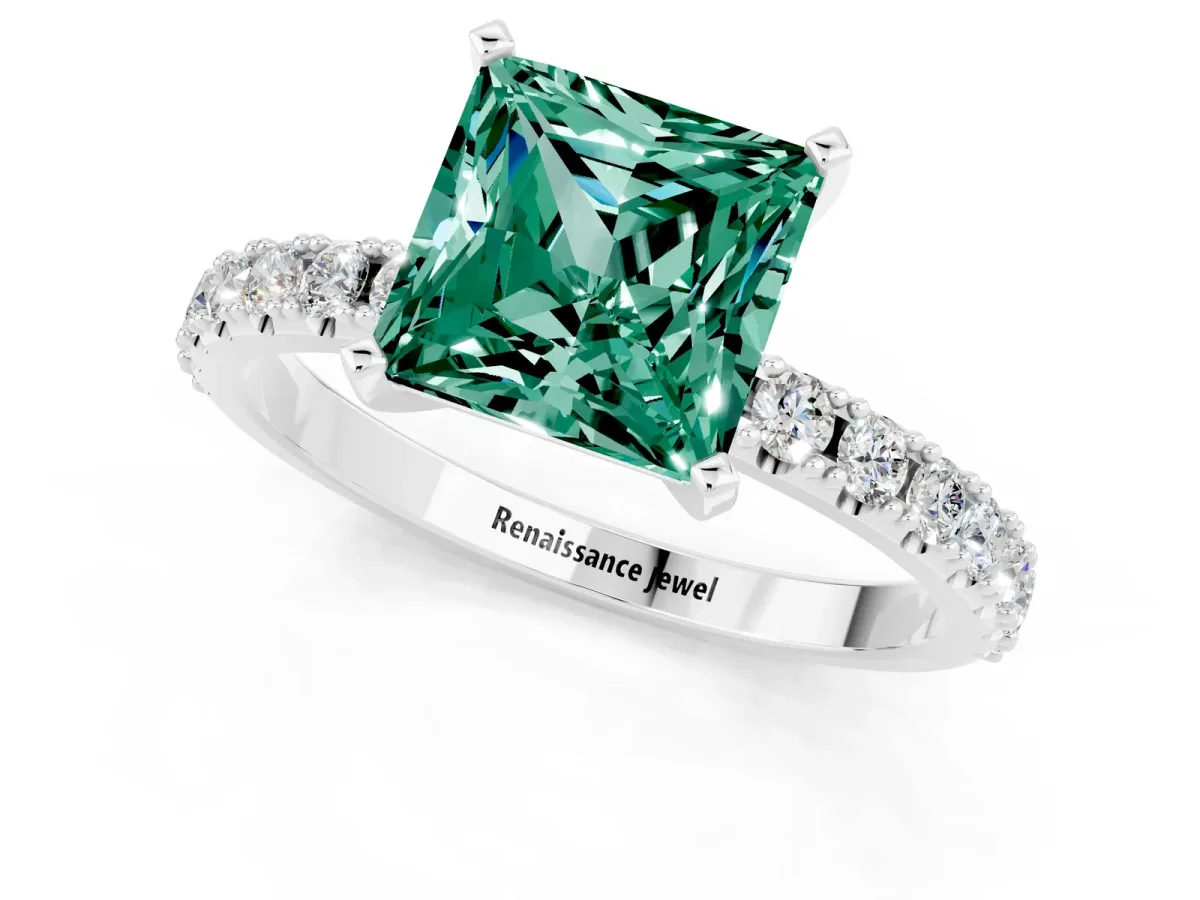 Princess Cut Green Sapphire Solitaire Pavé Band with Four-Prong Setting Silver