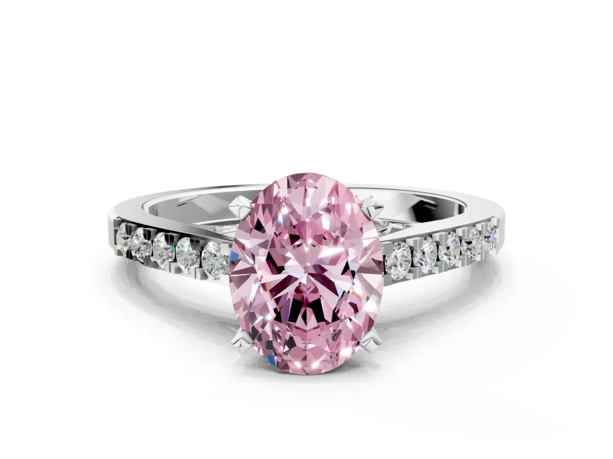 Fancy Pink Oval Cut Diamond Solitaire Ring with Crossover Gallery and Round Pavé Band Silver