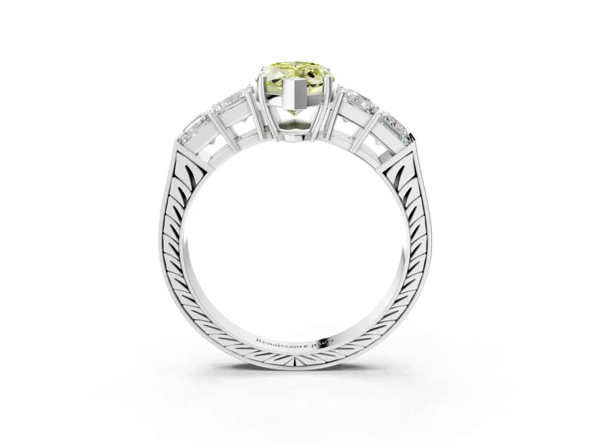 Fancy Yellow Marquise Cut Solitaire Princess Side Stone Engraved Band Prong Setting Ring Silver