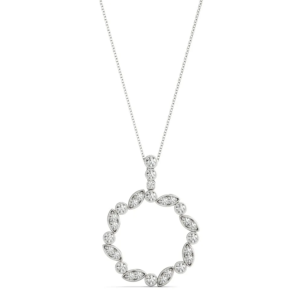 Round and Marquise Diamond Circle Pendant with Bezel and Prong Setting Silver