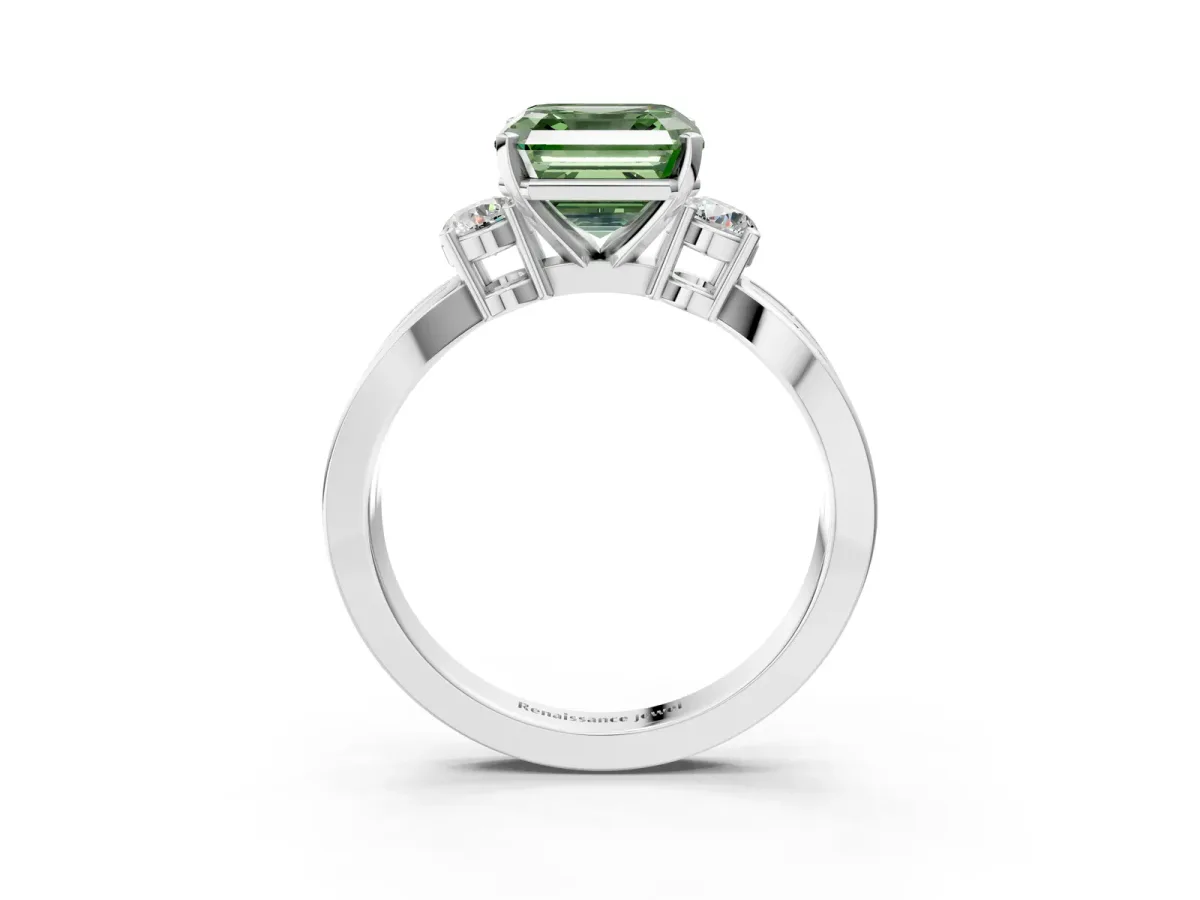 Fancy Green Three-Stone Asscher Cut Cut Diamond Twist Band with Prong Setting Platinum