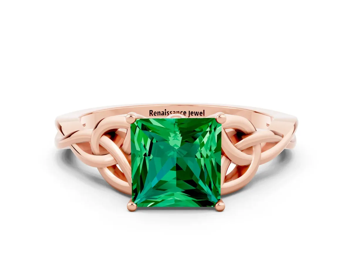 Princess Cut Emerald Solitaire Celtic Knot Ring with Four-Prong Setting Rose gold