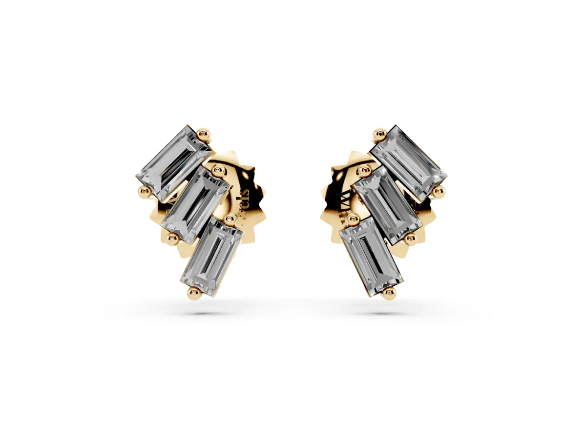 Baguette Diamond Three-Stone Stud Earrings Yellow gold