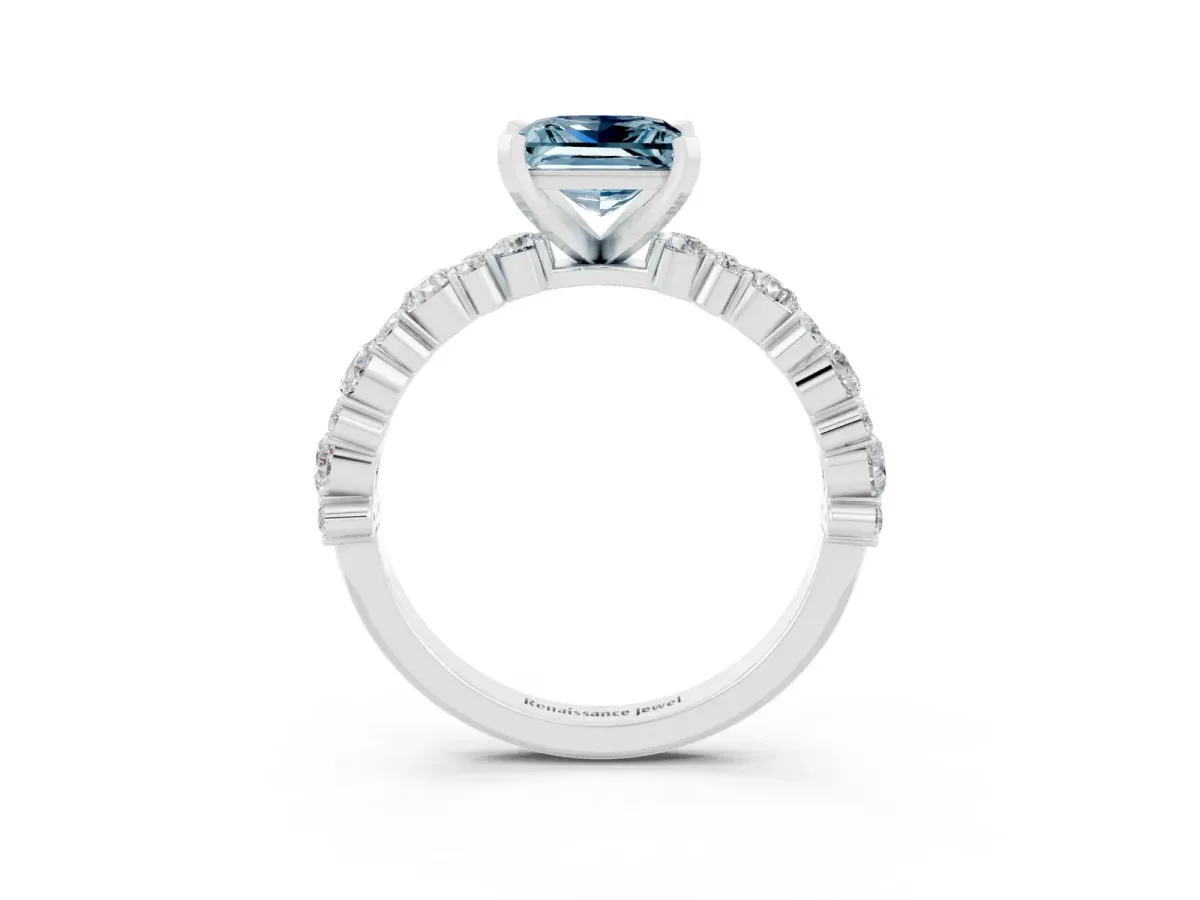 Princess Cut Aquamarine Side Stone Solitaire Ring with Round and Four-Prong Setting Platinum