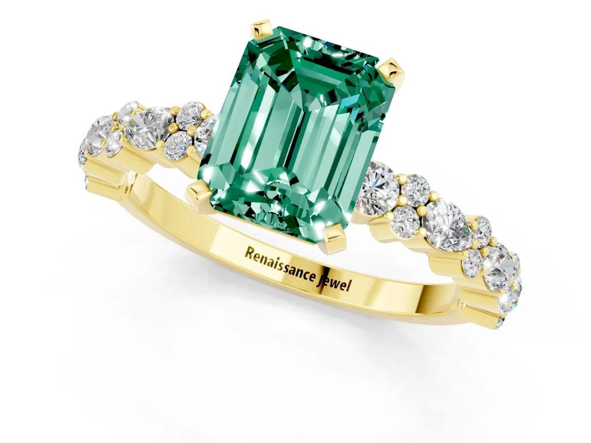 Emerald Cut Green Sapphire Side Stone Solitaire Ring with Round and Four-Prong Setting Yellow gold