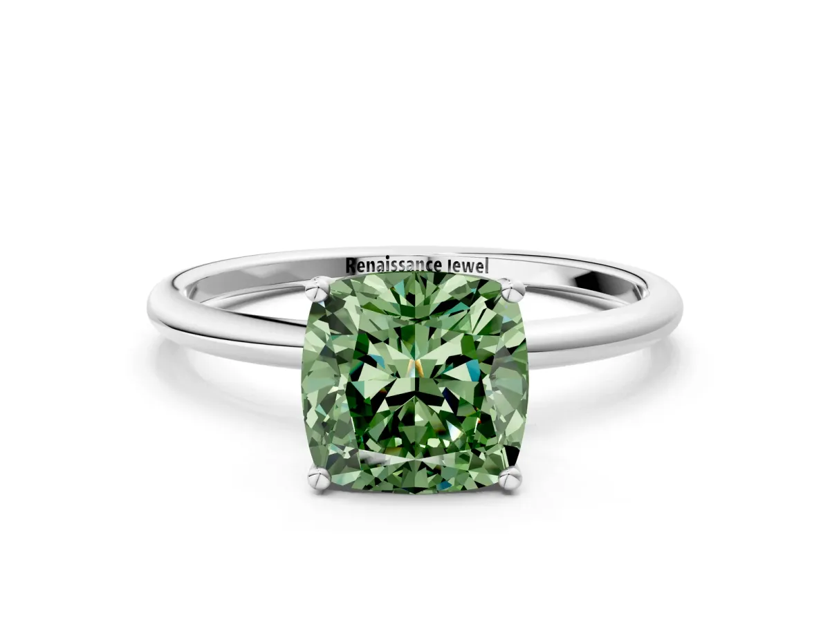 Fancy Green Cushion Cut Cut Solitaire Engagement Ring with Thin Band and Four-Prong Setting Silver
