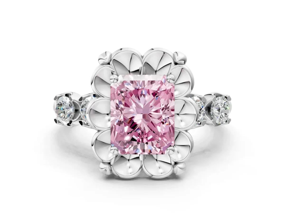 Fancy Pink Radiant Cut Cut Diamond Floral Halo Engagement Ring with Shared Prong Setting Silver