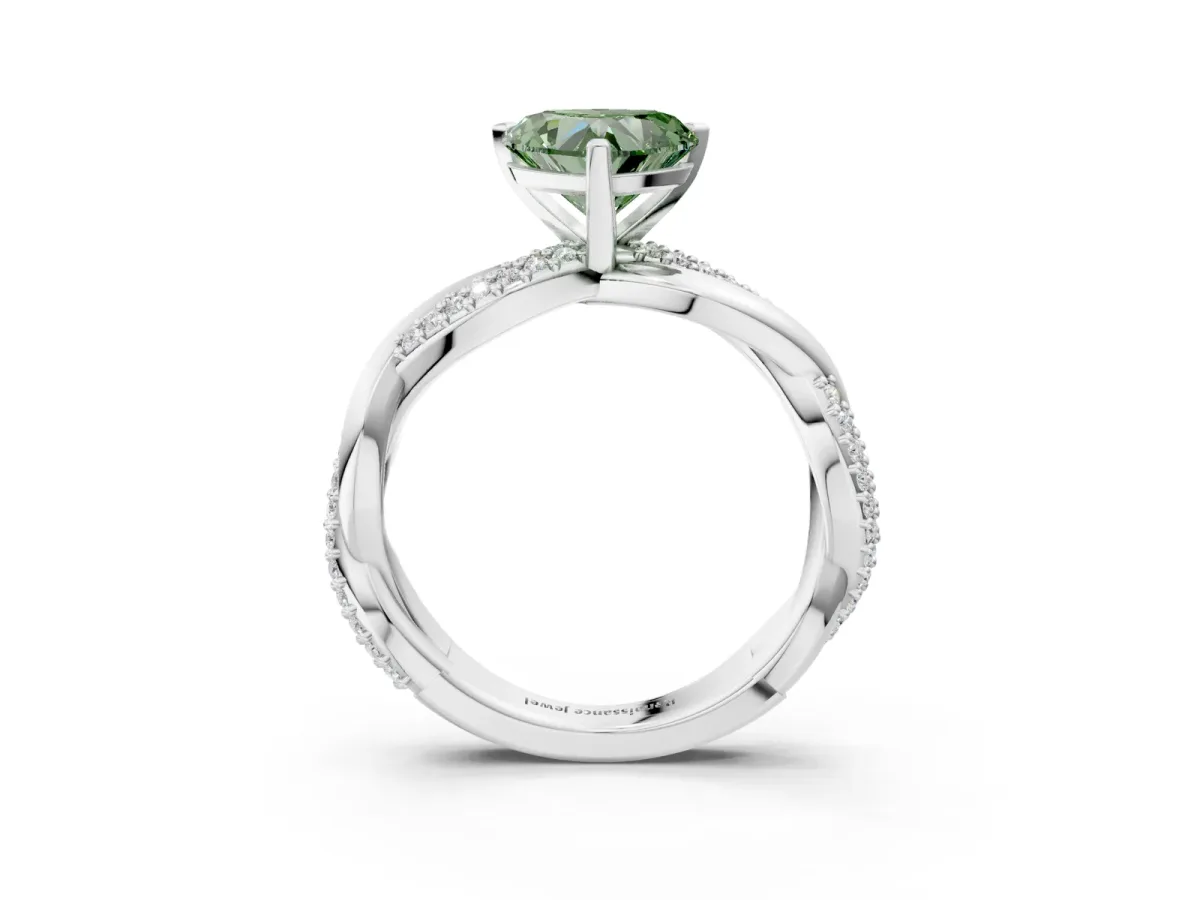 Fancy Green Heart Cut Solitaire Twist Band with Pave Prong Setting Platinum