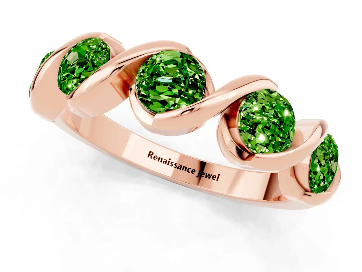 Round Peridot Wave Band with Channel Setting and Shared Prongs Rose gold