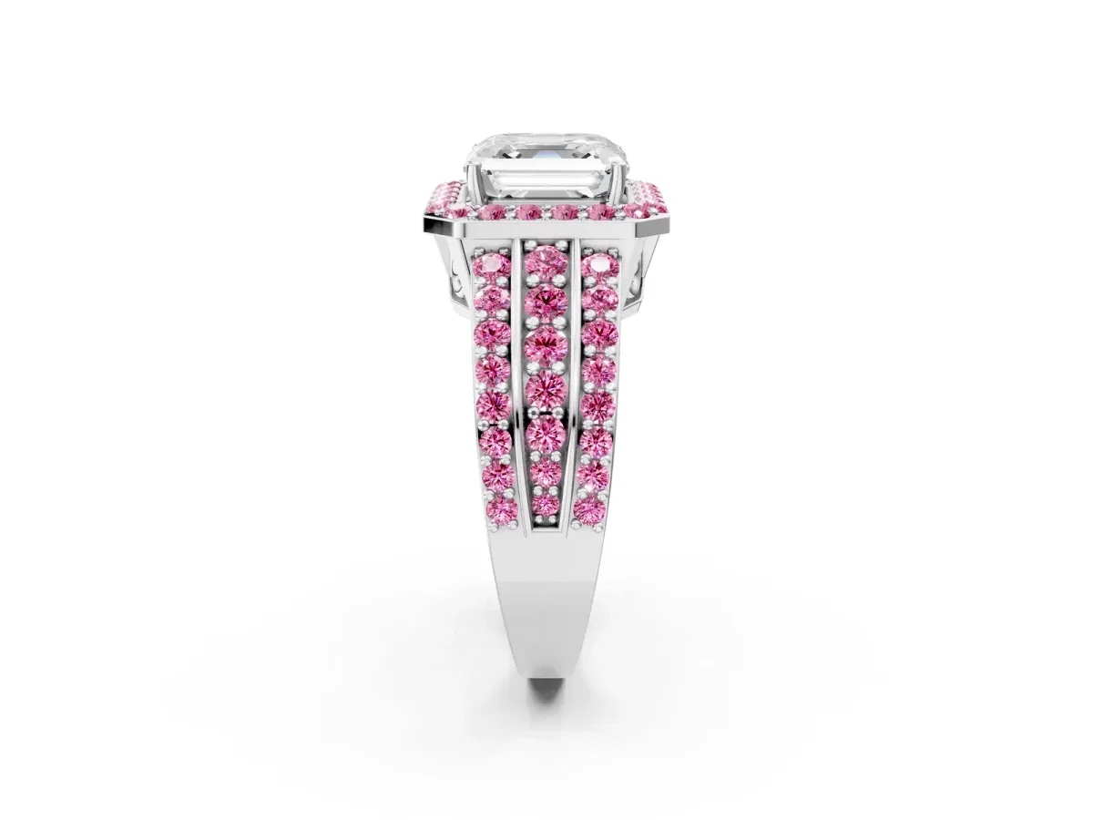 Asscher Cut Halo Diamond Ring with Round Pink Sapphire Split Shank and Prong Setting Silver