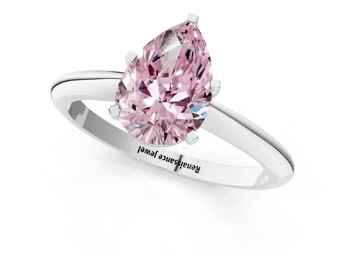 Fancy Pink Pear Cut Diamond Solitaire Engagement Ring with Classic Band and Four-Prong Setting Silver