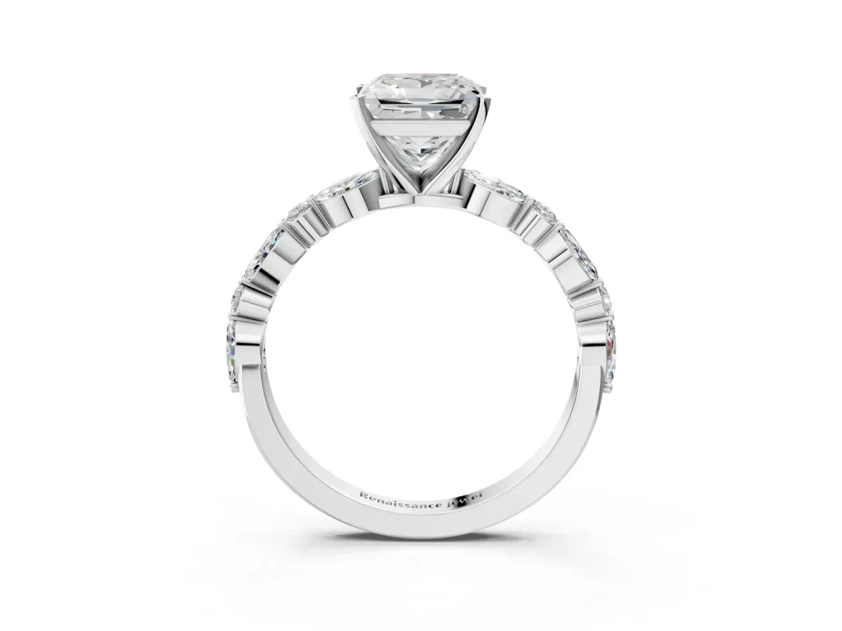 Princess Cut Diamond Ring with Marquise and Round Side Stones and Four-Prong Setting Silver