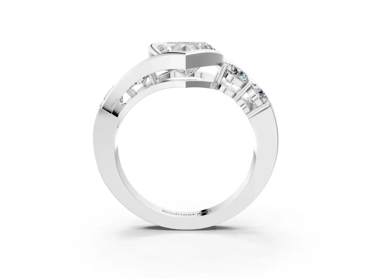 Bezel Set Heart Cut Diamond Bypass Ring with Round Accents White gold