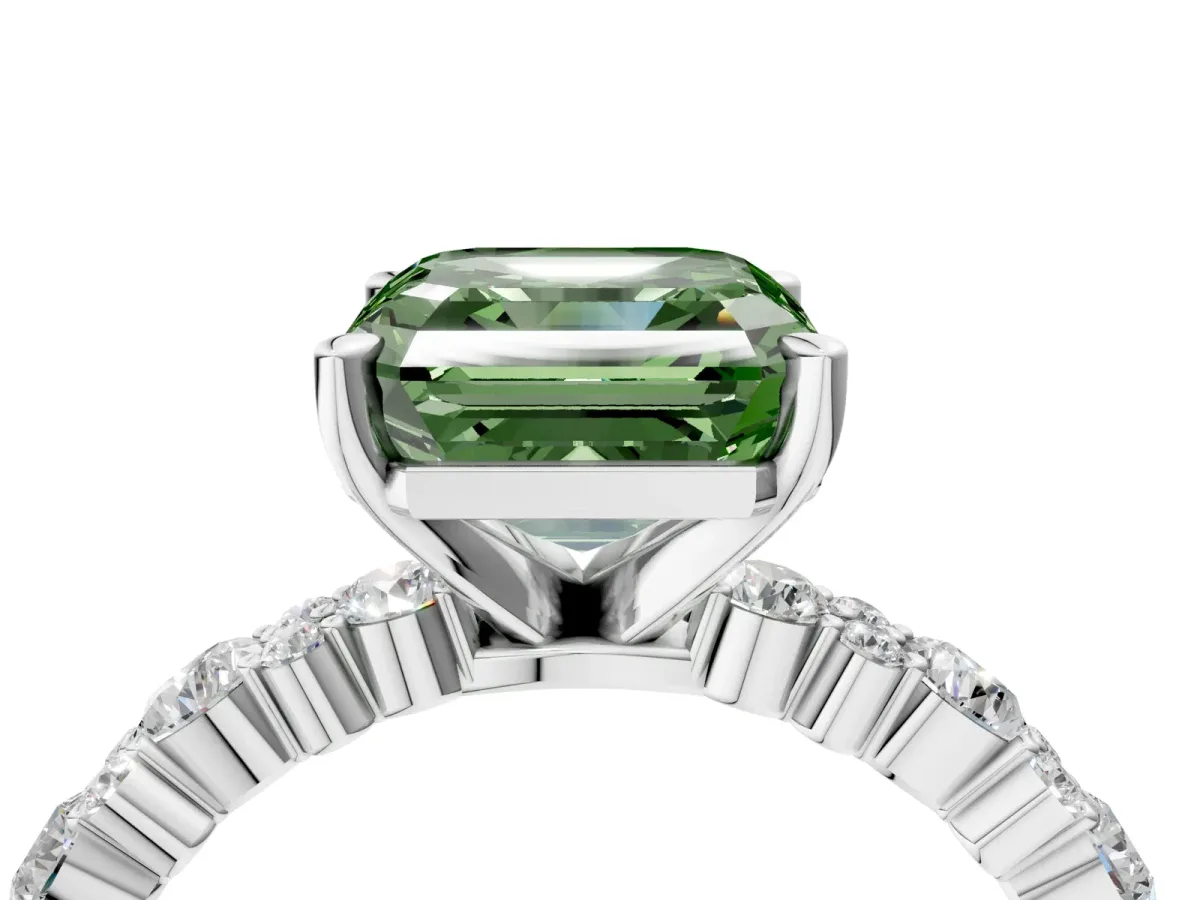 Fancy Green Asscher Cut Diamond Side Stone Solitaire Ring with Round and Four-Prong Setting Platinum