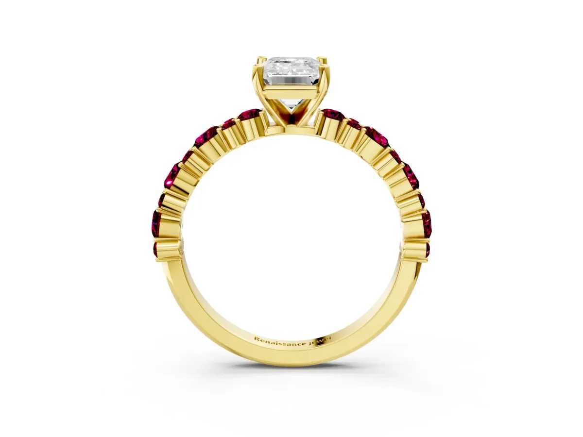 Emerald Cut Diamond Side Stone Solitaire Ring with Round Garnet and Four-Prong Setting Yellow gold