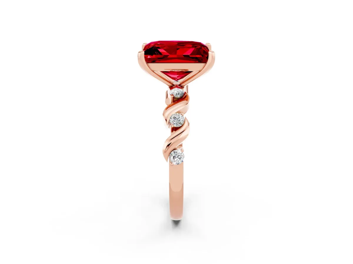 Princess Cut Ruby Solitaire Twisted Band with Round Accents and Prong Setting Rose gold