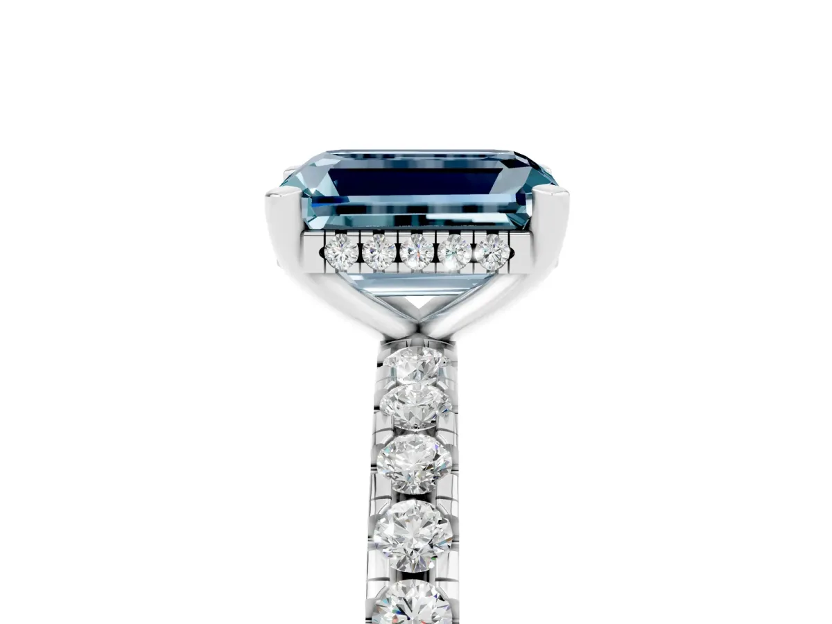 Emerald Cut Aquamarine Solitaire Ring with Round Pavé Band and Four-Prong Setting Silver