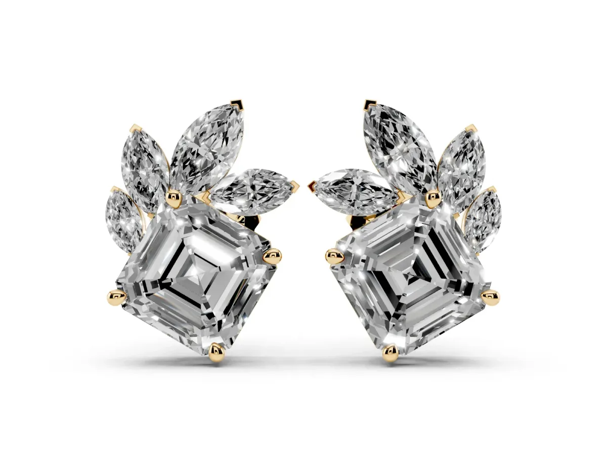 Asscher and Marquise Diamond Cluster Stud Earrings Yellow gold