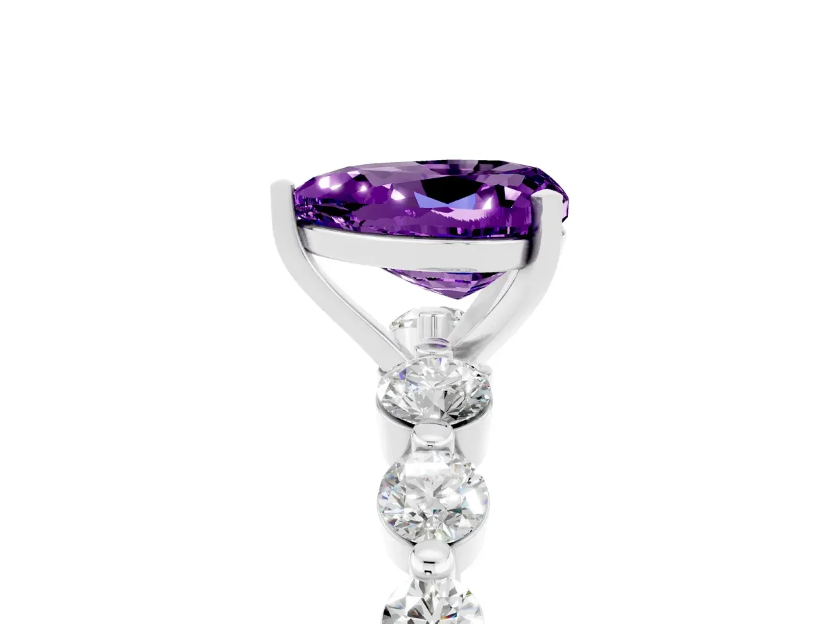 Heart Cut Solitaire Amethyst Ring with Pave Band and Four-Prong Setting Silver