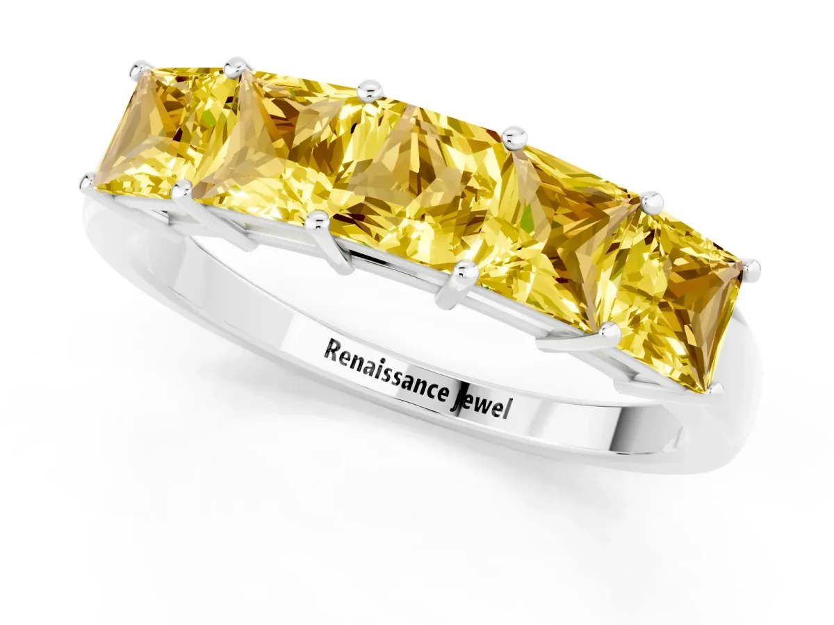 Princess Cut Five-Stone Yellow Sapphire Band with Prong Setting Silver