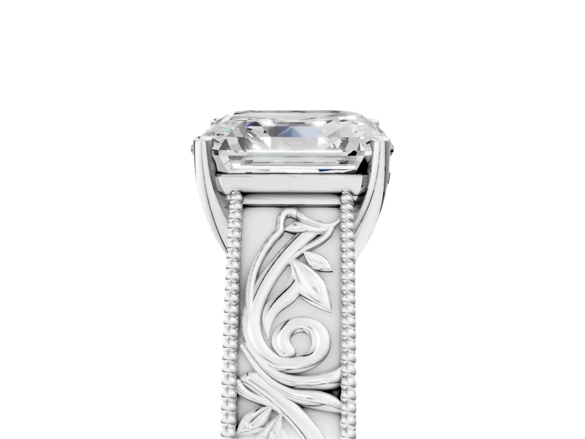Asscher Cut Diamond Solitaire Ring with Engraved Band and Four-Prong Setting Platinum