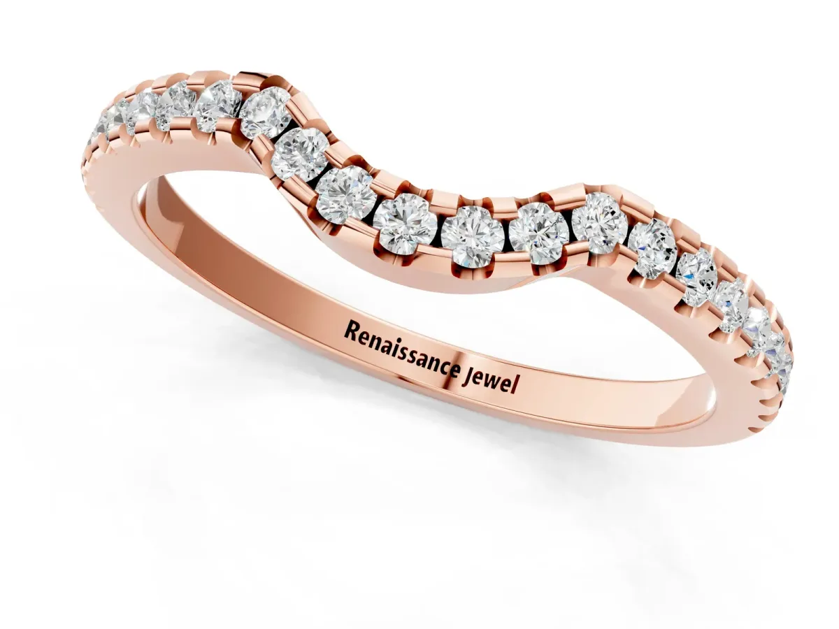 Pavé Round Diamond Curved Wedding Band with Shared Prong Setting Rose gold