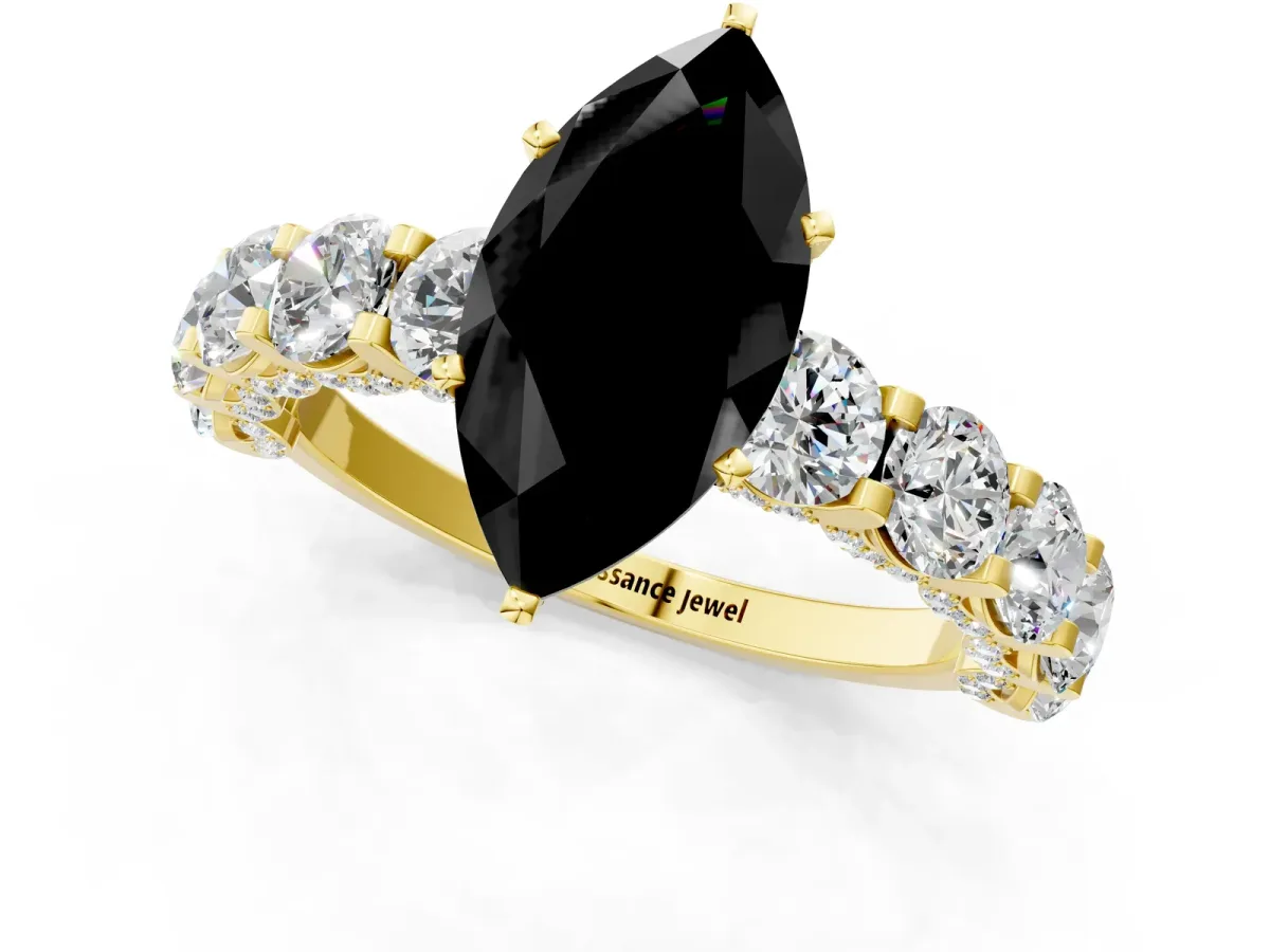 Fancy Black Marquise Cut Diamond Side Stone Engagement Ring with Four-Prong Setting Yellow gold