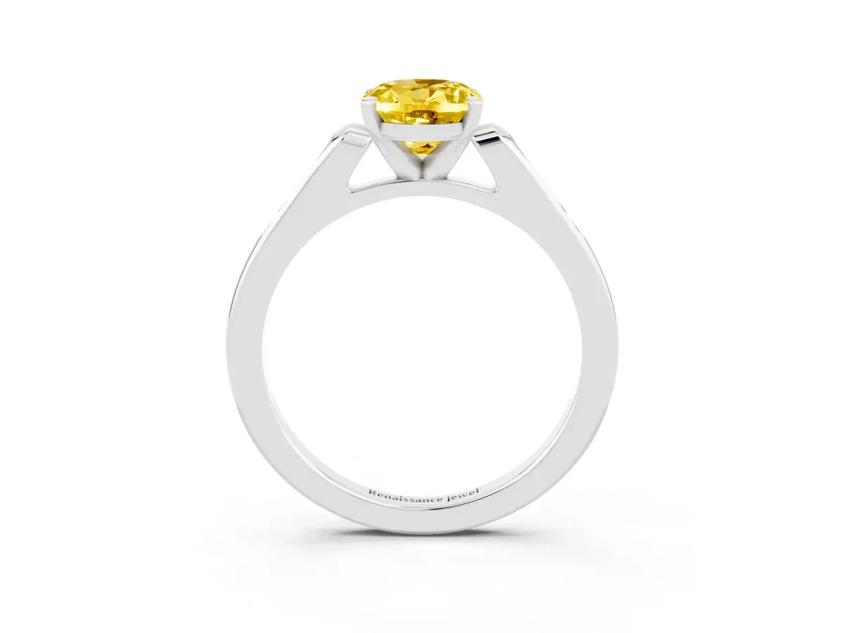 Oval Cut Yellow Sapphire Solitaire Ring with Channel Set Round Band and Prong Setting Silver