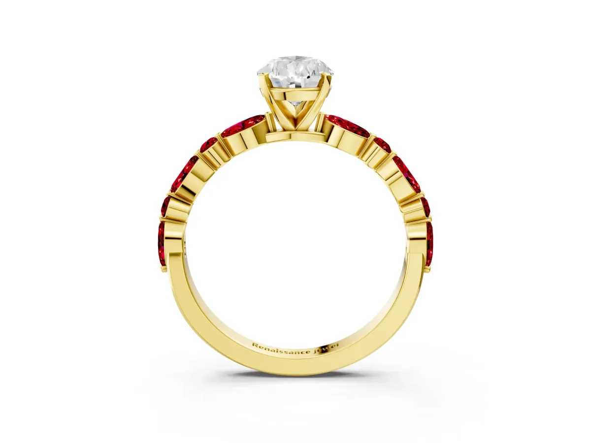 Pear Cut Diamond Ring with Marquise and Round Ruby Side Stones and Four-Prong Setting Yellow gold