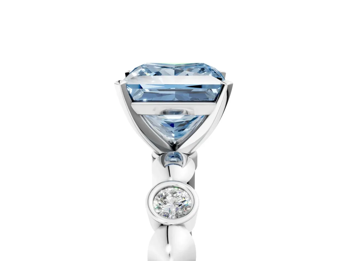 Fancy Blue Princess Cut Solitaire Bezel-Set Diamond Ring with Beaded Band and Four-Prong Setting Silver
