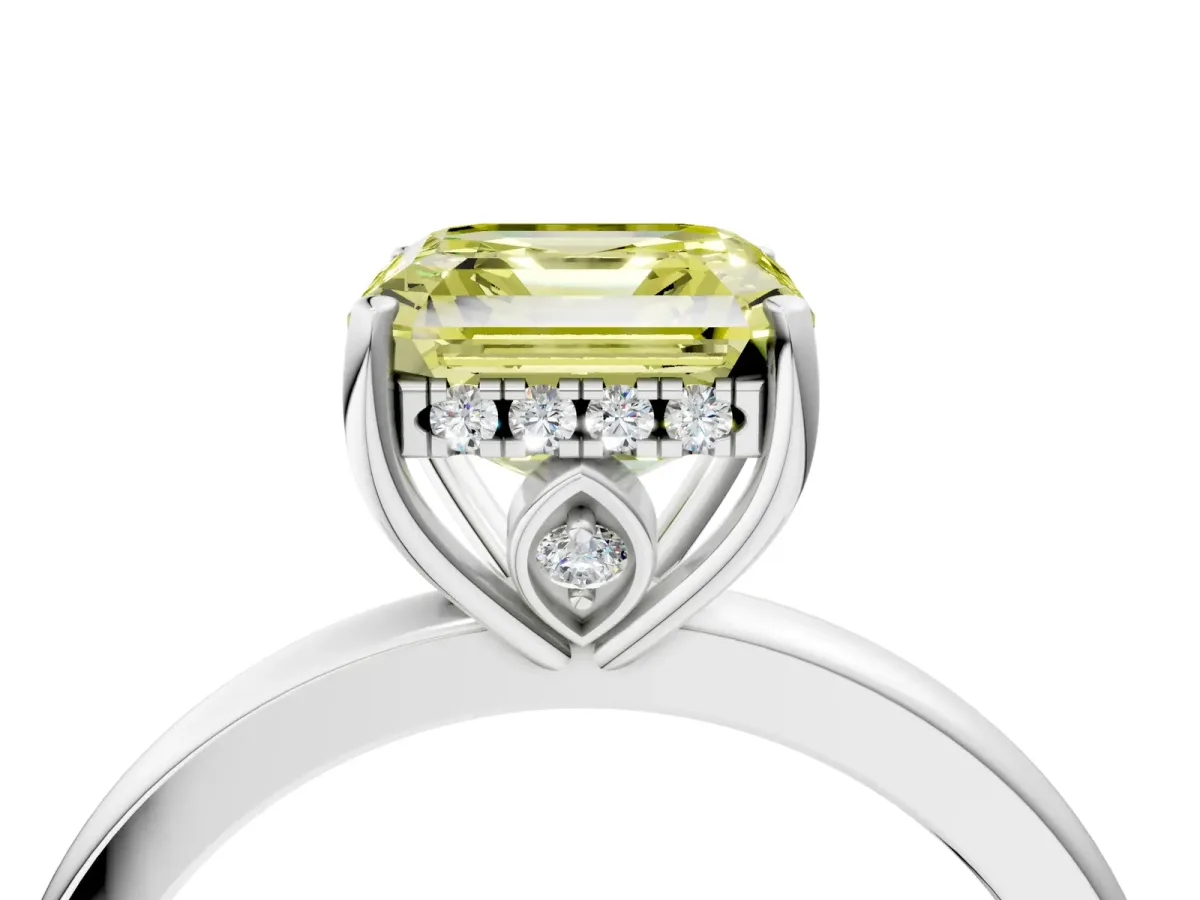 Fancy Yellow Asscher Cut Solitaire Diamond Ring with Prong Setting and Plain Band Silver