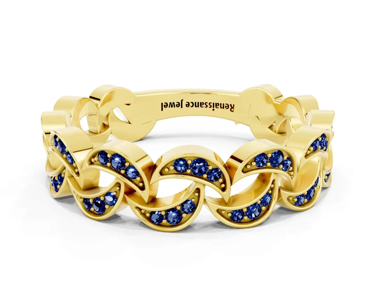 Pavé Round Blue Sapphire Interlocking Eternity Band with Bezel Prong Setting Yellow gold