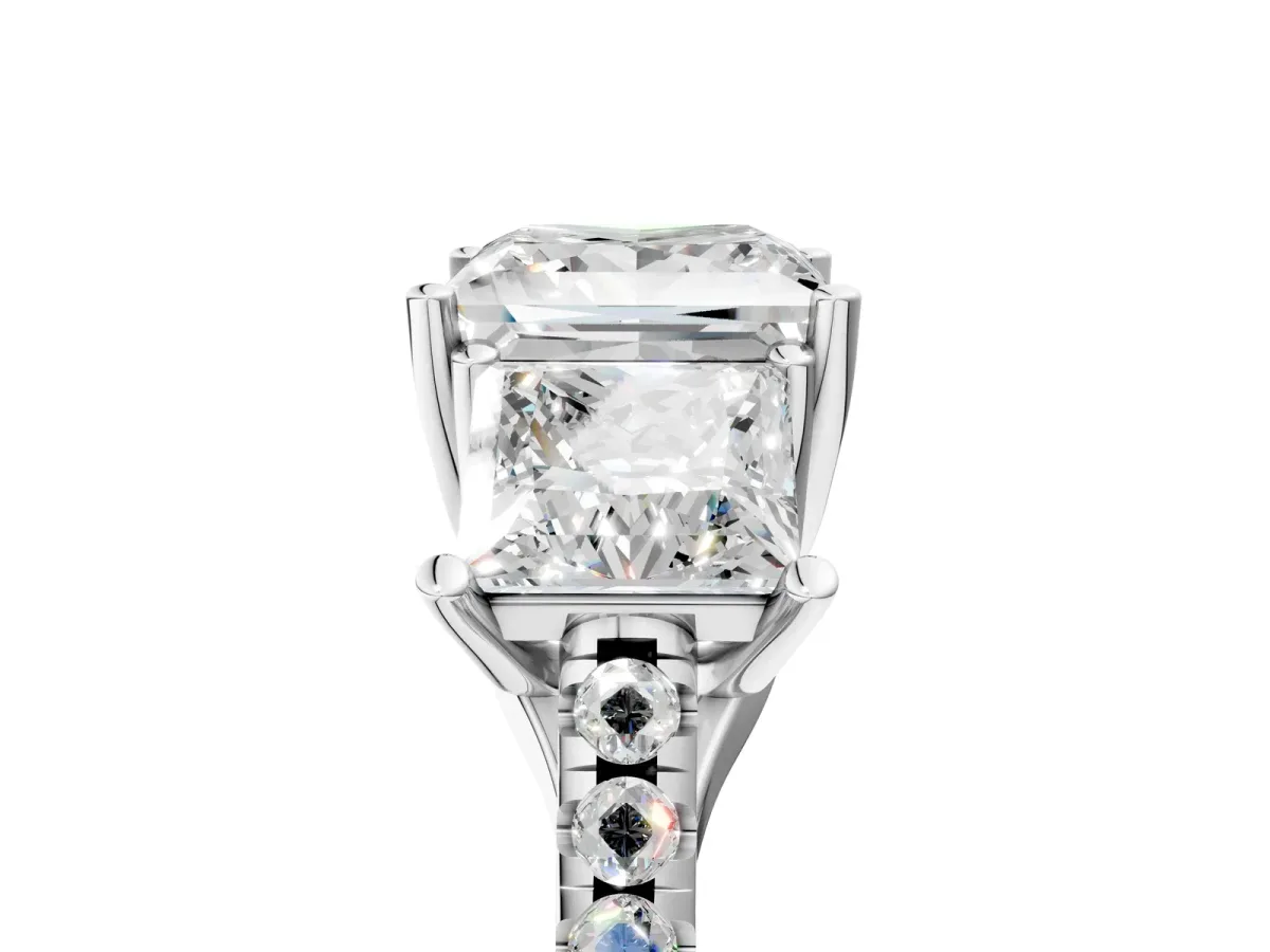 Three-Stone Princess Cut Diamond Ring with Round Moissanite Pavé Band and Prong Setting Silver