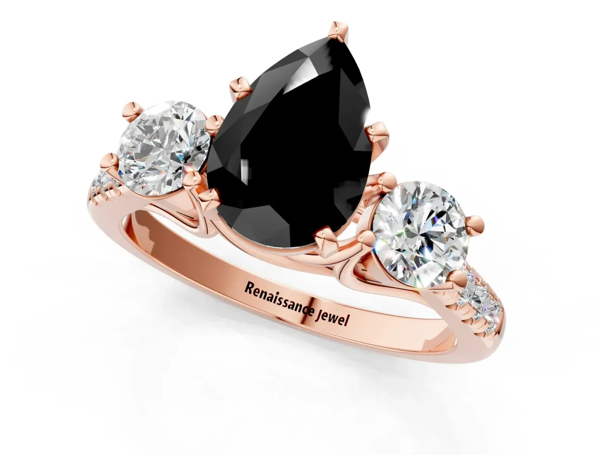 Fancy Black Three-Stone Pear Cut Diamond Pavé Band with Four-Prong Setting Rose gold