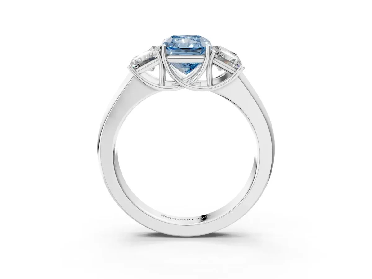 Fancy Blue Three-Stone Radiant Cut Cut Diamond Ring with Prong Setting and Classic Band Platinum